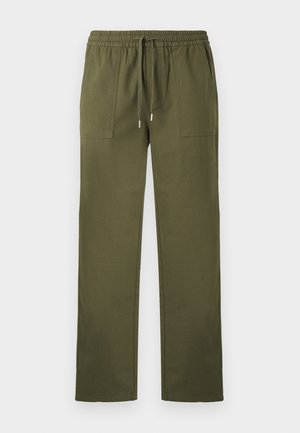 Pantaloni verde oliva con vita elastica e cordoncino regolabile, design a gamba dritta e due tasche frontali. Realizzati in tessuto resistente.