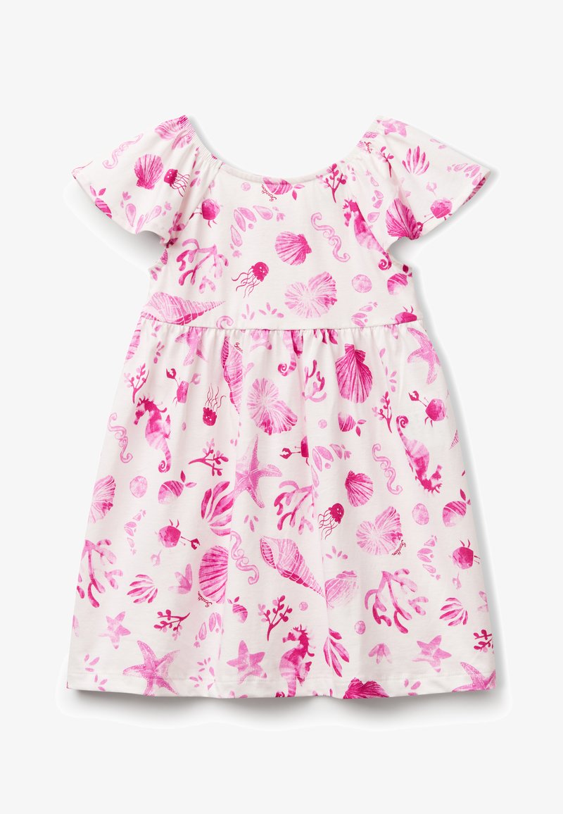 Cotton dress featuring a white base with a vibrant pink sea-themed print, including jellyfish, seashells, and starfish, with short sleeves.