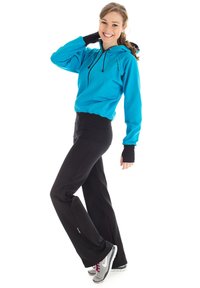 Light blue hoodie with black accents, long black pants, and gray athletic shoes. Hoodie features a drawstring and fitted cuffs.
