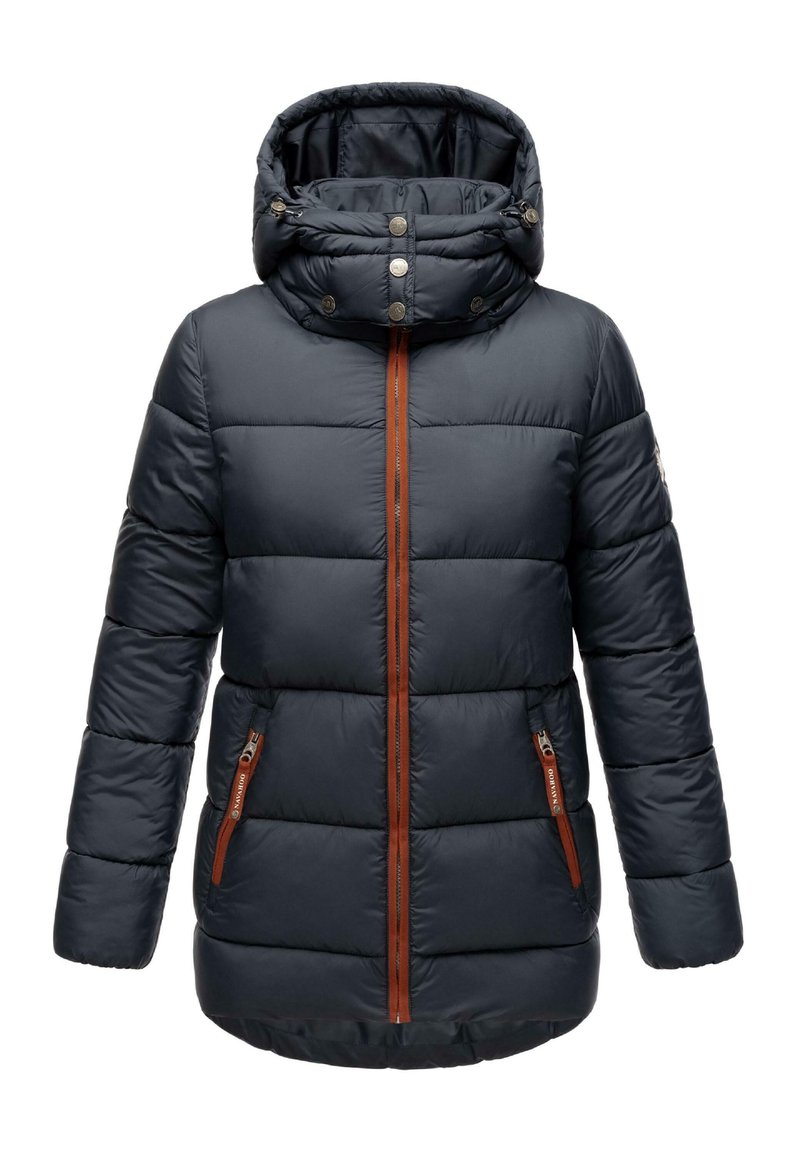 Donsjack in donkerblauw, met een hoge kraag, ritssluiting met bruine accenten, en zakken aan de zijkant met ritsen. Gelaagd gestikt ontwerp.