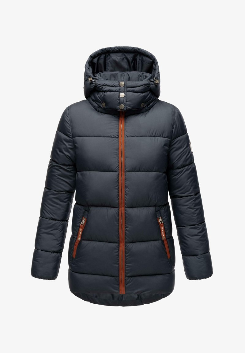 Puffer jacket in dark blue, featuring a high collar, zip front with brown accents, and side pockets with zippers. Structured quilted design.