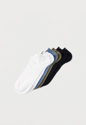 Six pairs of low-cut socks in white, light blue, olive green, dark blue, dark green, and black, made of smooth cotton blend material.