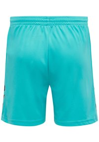 Türkise Sportshorts mit einer glatten, glänzenden Textur, ausgestattet mit einem dehnbaren Bund und schwarzen Akzenten an den Seiten.