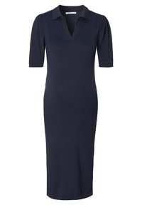 Granatowa sukienka do kolan z krótkimi bufkami, dekoltem w kształcie litery V i dopasowanym fasonem.