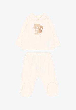 Completo per neonati color crema con maglia a maniche lunghe con una simpatica grafica di uno scoiattolo e pantaloni con piedini abbinati.