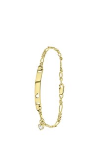 Bracelet en or avec une chaîne texturée, présentant un motif central en barre plate avec des cœurs découpés et un pendentif en forme de cœur avec un petit diamant.