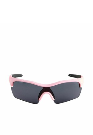 Gafas de sol deportivas envolventes con montura rosa y lentes tintadas oscuras.