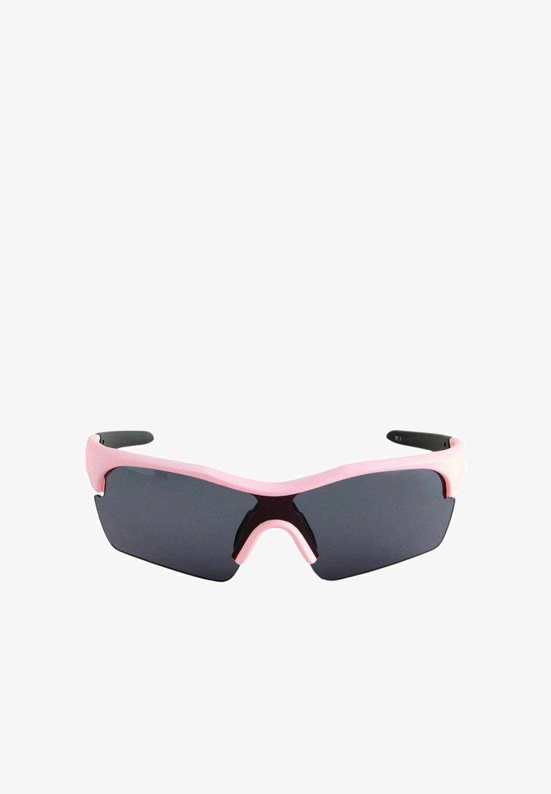 Lunettes de soleil sportives enveloppantes avec monture rose et verres teintés foncés.