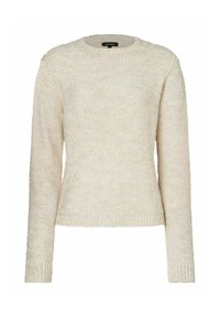 Lichtbeige gebreide trui met lange mouwen, een ronde halslijn en textuurstof. Ribbelboord onderaan en bij de mouwen. Eenvoudig, klassiek ontwerp.