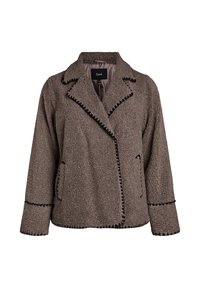 Brown fleece jacket with a textured finish, black trim along collar and sleeves, and front pockets. Notched lapel design adds structure.