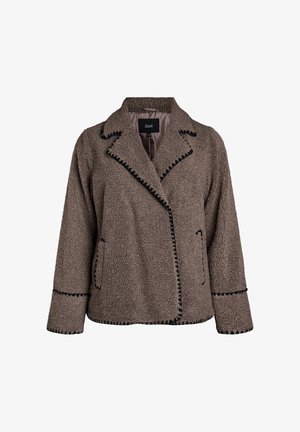 Brown fleece jacket with a textured finish, black trim along collar and sleeves, and front pockets. Notched lapel design adds structure.