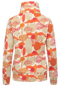 Pullover a maniche lunghe in beige chiaro con un motivo astratto di alberi e onde colorato in rosso, arancione e beige. Polsini e orlo a costine.