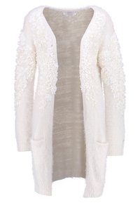 Witte, fluffy cardigan met textuur in de bloemenversieringen op de mouwen, open voorkant en twee voorzakken. Zacht breiwerk met een gezellige uitstraling.