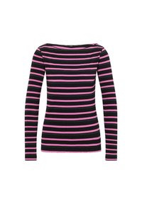 Langärmliges Rippenoberteil mit horizontalen schwarzen und rosa Streifen, taillierter Silhouette und rundem Halsausschnitt.
