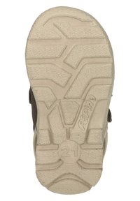 Brune sandal med en struktureret beige gummisål, der har et zigzag-mønster og præget logo; justerbar rem på siden.