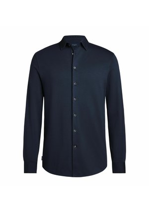 Navy long-sleeve button-up shirt made of smooth fabric; features a standard collar and a row of buttons down the front.