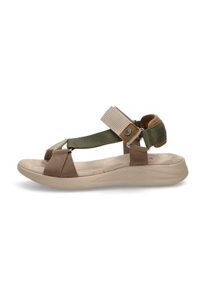 Sandal con suela beige, correas de tela ajustables en marrón y verde, y una correa acolchada para el talón, ideal para uso casual.