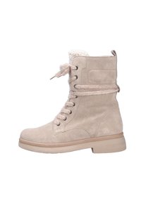 Stivale da caviglia in suede beige con colletto in finta pelliccia testurizzata, design con lacci e suola in gomma piatta. Presenta occhiali metallici e cuciture rinforzate.