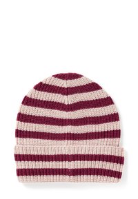 Cappello lavorato a maglia con strisce alternate in bordeaux e crema, dotato di risvolto e design testurizzato, adatto per il freddo.