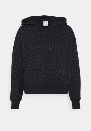 Hoodie nera con motivo leopardato tonale, dotata di cappuccio con cordino, polsini a coste e vestibilità rilassata.