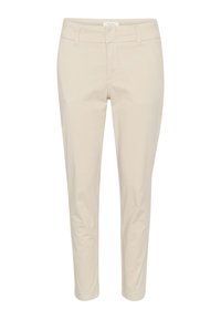 Pantalons beige en mélange de coton avec une coupe slim, dotés d'un devant plat, de passants de ceinture et d'ourlets à la cheville. Texture lisse avec un minimum de détails.