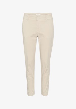 Pantalons beige en mélange de coton avec une coupe slim, dotés d'un devant plat, de passants de ceinture et d'ourlets à la cheville. Texture lisse avec un minimum de détails.