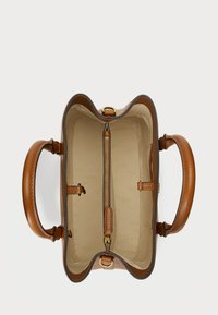 Brown leather handbag with a structured design, featuring a light beige interior, a zippered pocket, and two sturdy handles.