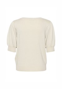 Kremowy, dziany sweter z krótkim rękawem, z bufkami i ściągaczami przy mankietach oraz u dołu, pokazany z tyłu.