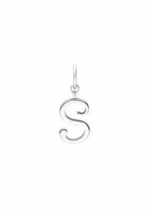 Zilverkleurige metalen hanger in de vorm van een cursieve letter S met een kleine lus om aan een ketting of armband te bevestigen.