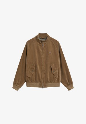 Braune Cordjacke mit Stehkragen, Frontreißverschluss, geknöpften Klappentaschen und kleinem gestickten Logo auf der Brust.