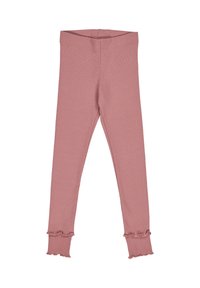 Leggings rosa realizzati in tessuto morbido, con un design aderente e polsini arricciati alla caviglia. Texture liscia e materiale elastico.