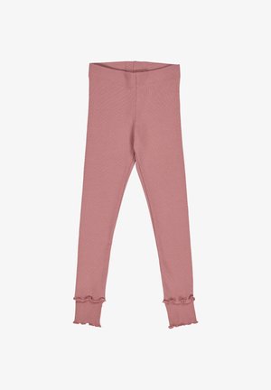 Pink leggings made of soft fabric, featuring a fitted design and ruffled cuffs at the ankle. Smooth texture and stretchy material.