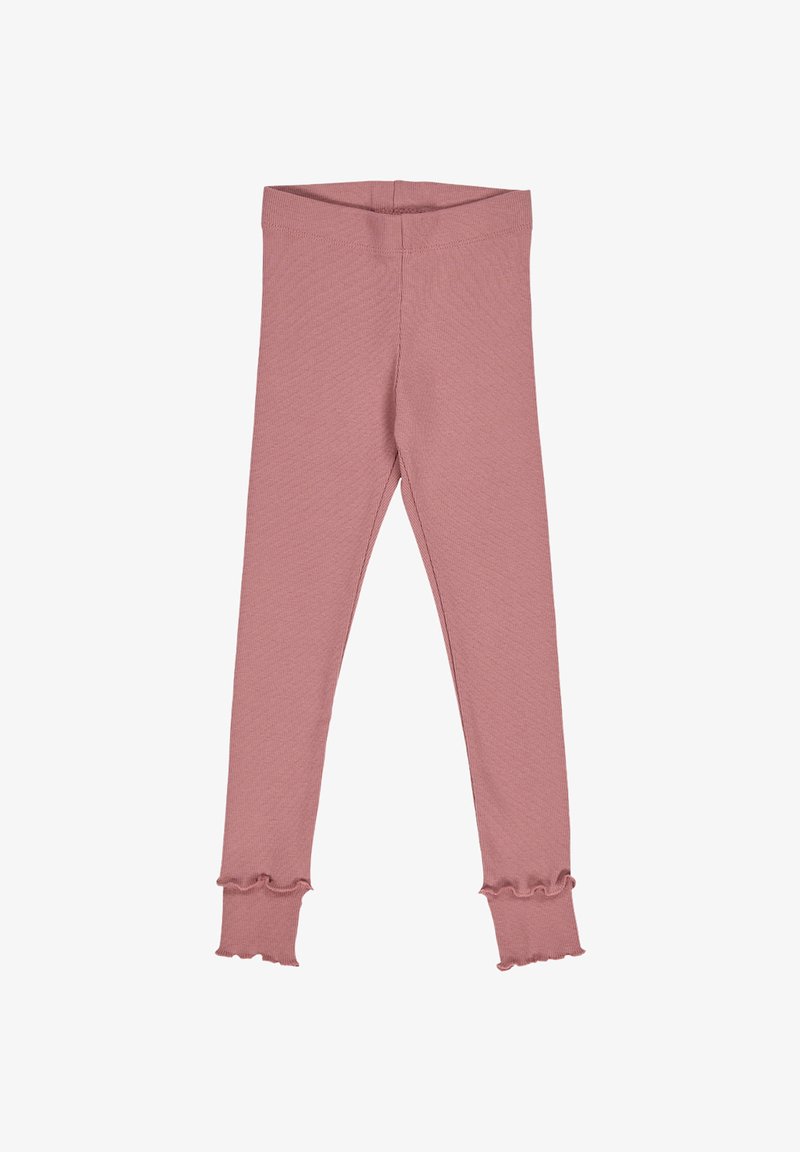 Pink leggings made of soft fabric, featuring a fitted design and ruffled cuffs at the ankle. Smooth texture and stretchy material.