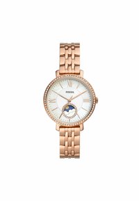 Montre en or rose avec un cadran blanc texturé, marqueurs en chiffres romains, accents de pierres précieuses et un détail de phase de lune en bas.