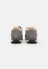 Gray suede sneakers feature a cream heel tab with "Saucony" branding, dark blue accents, and a black textured sole.