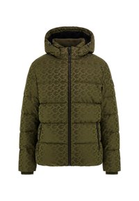 Olive green puffer jacket with a hood, featuring a geometric pattern, zip closure, side pockets, and ribbed cuffs. Made from quilted, textured fabric.