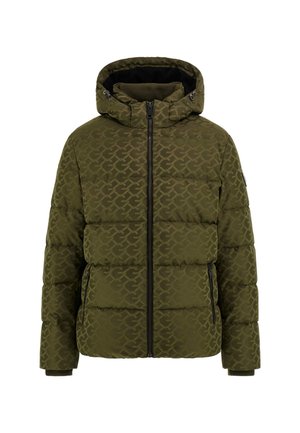 Olivgrüne Steppjacke mit Kapuze, geometrischem Muster, Reißverschluss, seitlichen Taschen und gerippten Bündchen. Hergestellt aus gestepptem, strukturiertem Stoff.
