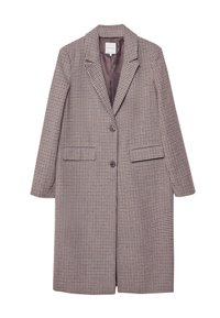 Brauner und beige karierter Mantel mit Reverskragen, zwei vorderen Taschen und zwei Knöpfen, ausgestattet mit einem glatten Innenfutter.