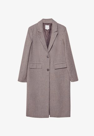 Brown and beige check-patterned coat with a notched collar, two front pockets, and two buttons, featuring a smooth inner lining.