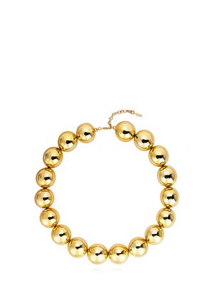 Gold necklace made of large, shiny spherical beads connected by small links with a chain clasp for adjustable length.