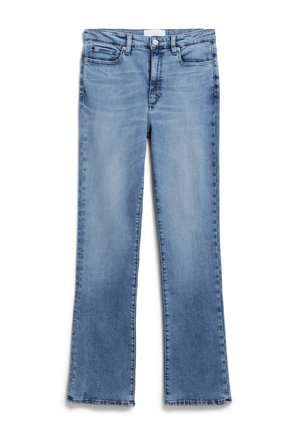 Light blue flared jeans with a classic five-pocket design, featuring a button closure and subtle fading, made from denim fabric.