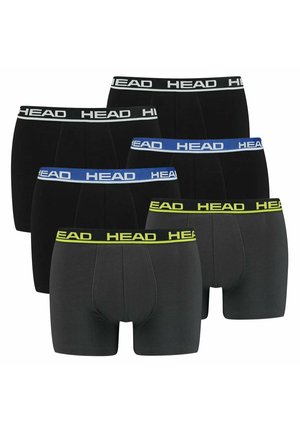 Sechs Paar Boxershorts in Schwarz und Dunkelgrau, jeweils mit einem farbigen Bund mit der Aufschrift "HEAD" in Weiß, Blau oder Gelbgrün.