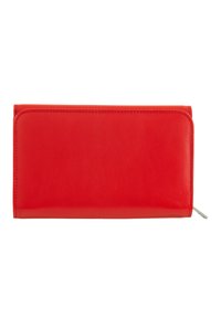 Portafoglio in pelle rossa con una texture liscia, forma rettangolare, chiusura con zip su un lato e cuciture sottili lungo i bordi.