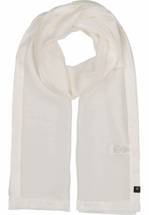 Écharpe rectangulaire blanche avec un léger éclat, pliée en boucle, présentant une petite étiquette de marque noire et une étiquette d'entretien.