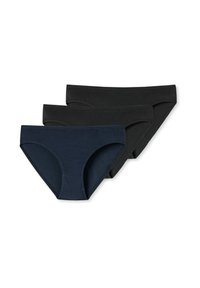 Tři páry dámských kalhotek v námořnické modré a černé barvě. Vyrobené z hladkého, elastického materiálu s klasickým střihem a bez viditelných švů.