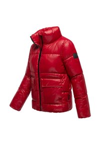Giacca rossa gonfiabile con colletto alto, chiusura con zip e due tasche frontali. Texture liscia e lucida, progettata per calore e comfort.