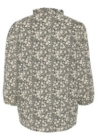 Schwarz-elfenbeinfarbenes Blumenbluse mit Rüschennacken, lockerer Passform, dreiviertellangen Ärmeln und einem weichen, leichten Stoff mit strukturiertem Muster.