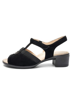 Black suede women's sandal with low block heel, open toe, adjustable strap, and decorative buckle on front.