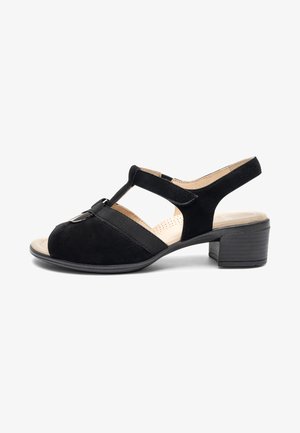 Black suede women's sandal with low block heel, open toe, adjustable strap, and decorative buckle on front.
