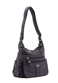 Borsa a tracolla nera in pelle con finitura testurizzata, numerose tasche con zip, tracolla regolabile e dettagli in metallo dorato.